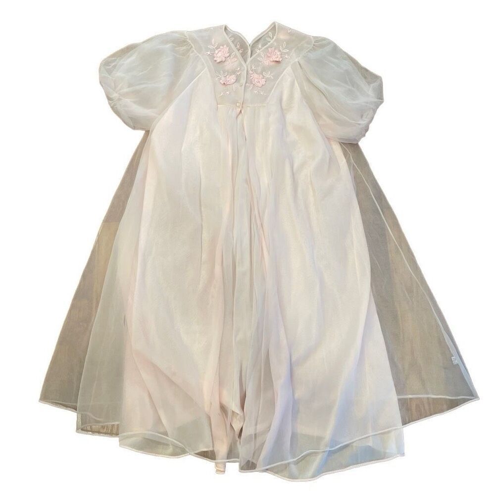 Vtg Womens Pale Pink Chiffon Embroidered Peignoir Housecoat One Size Romantic